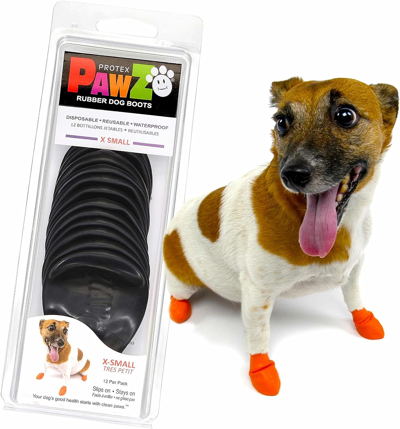 PawZ Rubber Dog Boots for Paws up to 2", 12 Pack - All-Weather Dog Booties for Hot Pavement, Snow, Mud, and Rain - Waterproof, Anti Slip Dog Socks - X-Small, Black
