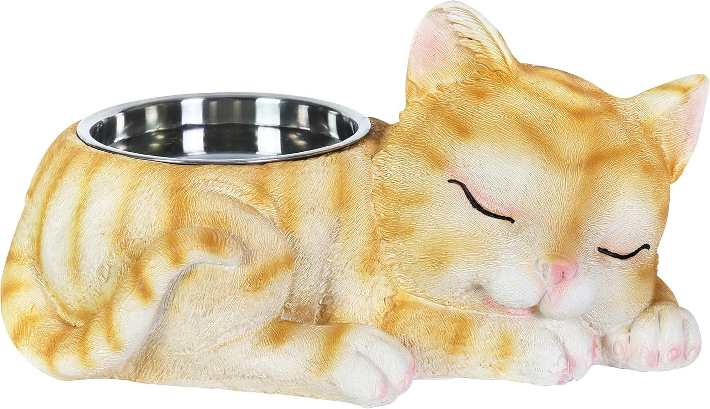 Exhart Cat Food/Water Bowl, Hand Painted, Stainless Steel Bowl, Durable Resin Décor,7.3”x11.7”x 5.8”