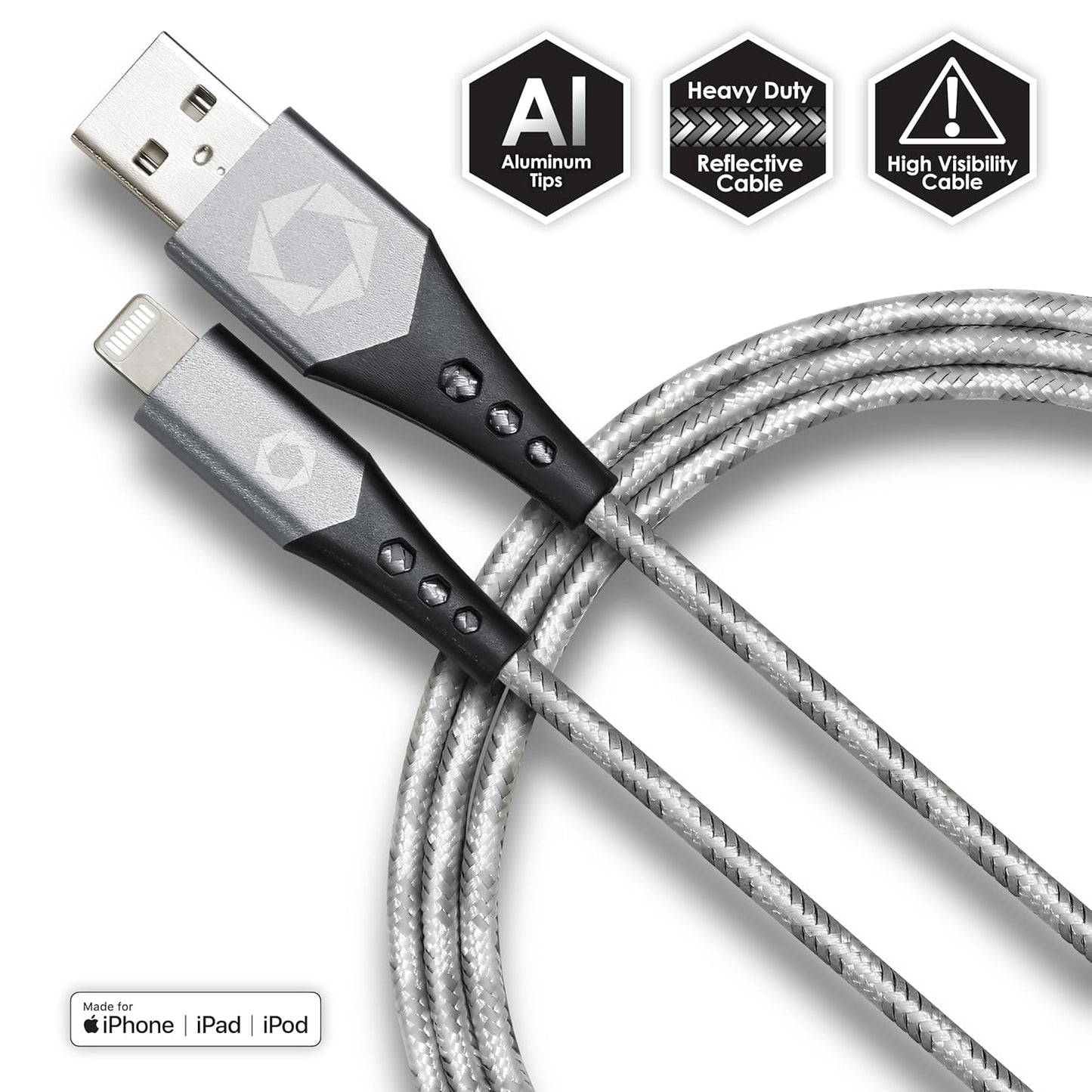 Titanium [Apple MFi Certified] 6FT Fast Charging Tangle Free Heavy Duty USB to Lightning Cable. Includes Sync+Charge & Aluminum Tips for Optimum Connectivity: HI-VIS Silver
