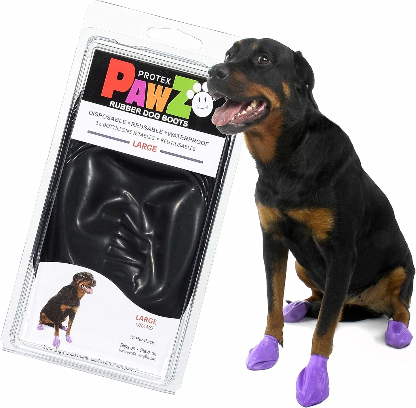 PawZ Rubber Dog Boots for Paws up to 4", 12 Pack - All-Weather Dog Booties for Hot Pavement, Snow, Mud, and Rain - Waterproof, Anti Slip Dog Socks - Large, Black
