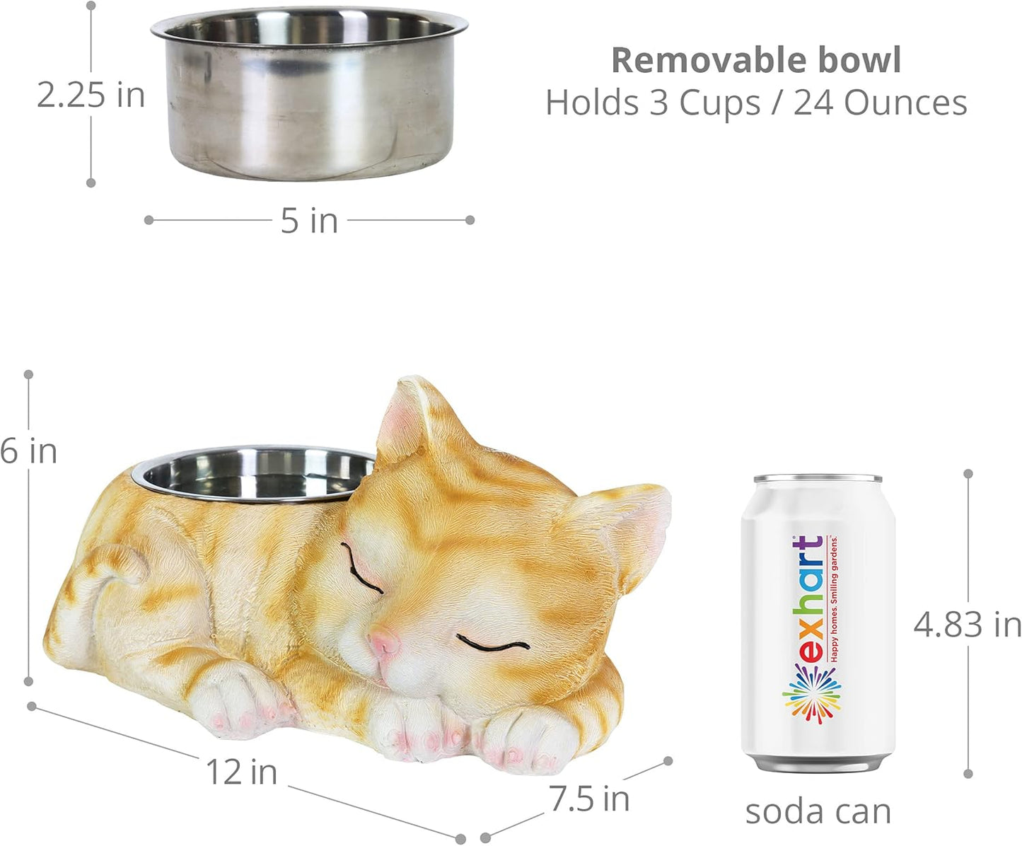 Exhart Cat Food/Water Bowl, Hand Painted, Stainless Steel Bowl, Durable Resin Décor,7.3”x11.7”x 5.8”