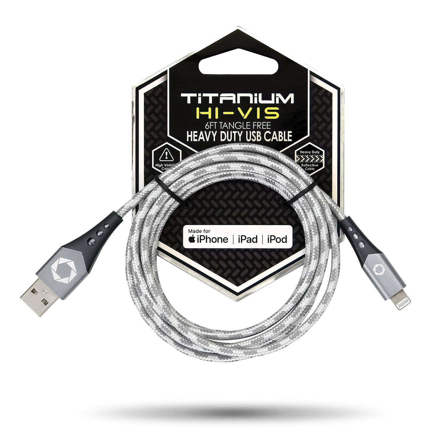Titanium [Apple MFi Certified] 6FT Fast Charging Tangle Free Heavy Duty USB to Lightning Cable. Includes Sync+Charge & Aluminum Tips for Optimum Connectivity: HI-VIS Silver