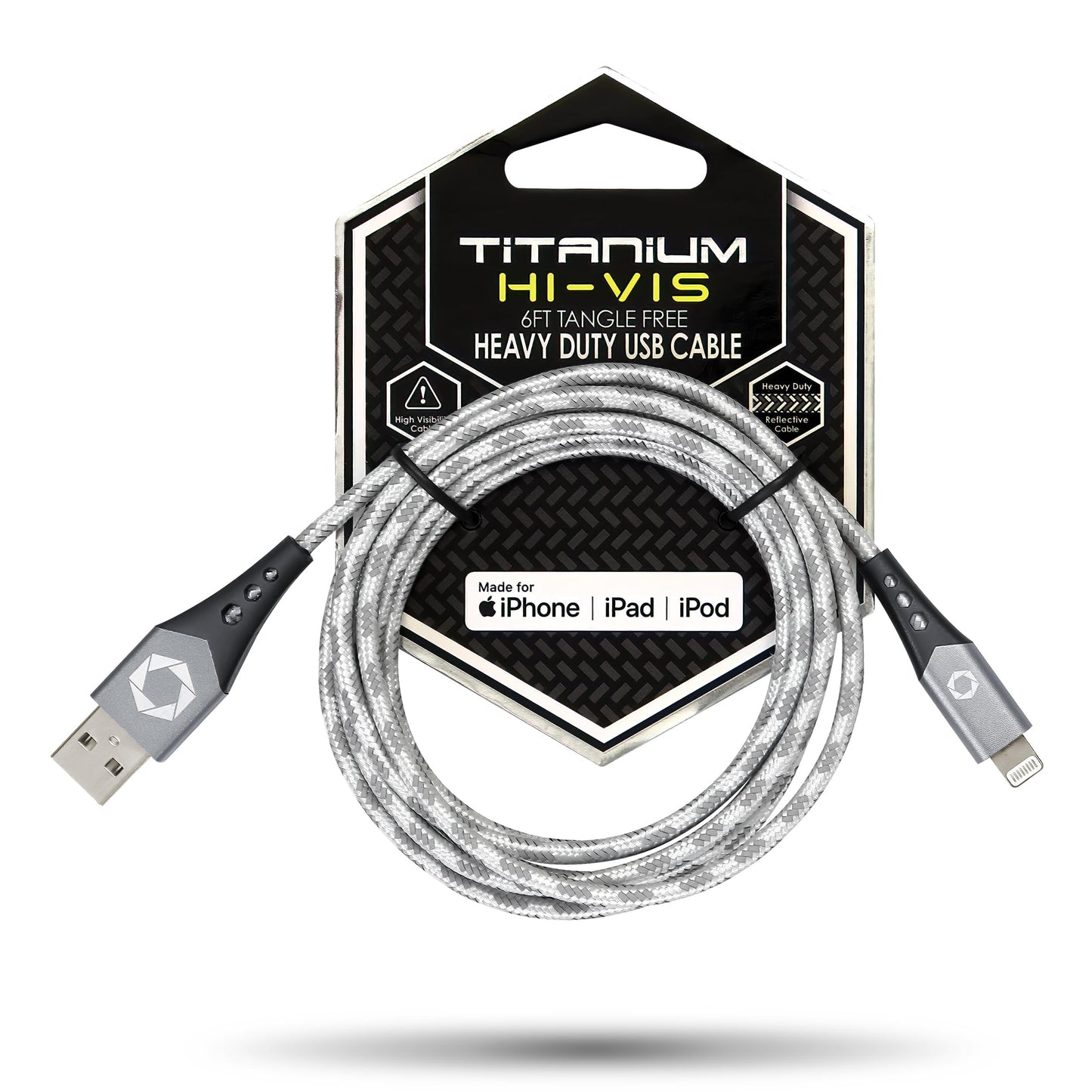 Titanium [Apple MFi Certified] 6FT Fast Charging Tangle Free Heavy Duty USB to Lightning Cable. Includes Sync+Charge & Aluminum Tips for Optimum Connectivity: HI-VIS Silver