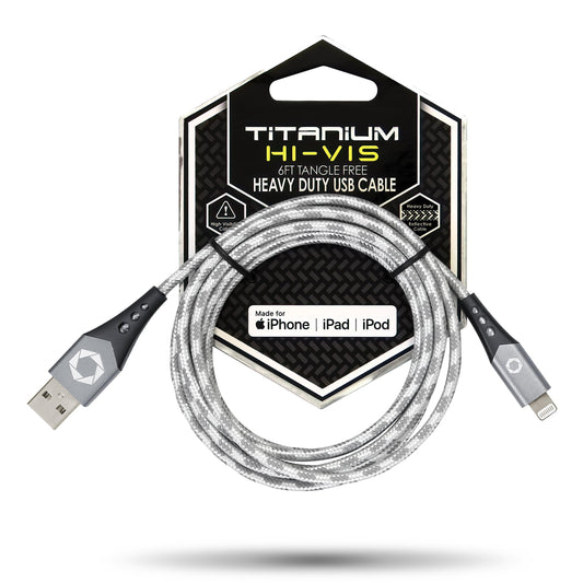 Titanium [Apple MFi Certified] 6FT Fast Charging Tangle Free Heavy Duty USB to Lightning Cable. Includes Sync+Charge & Aluminum Tips for Optimum Connectivity: HI-VIS Silver