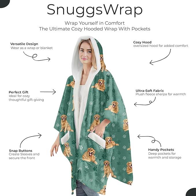 Golden Retriever Lovers Sherpa Wearable Blanket Hoodie for Women – Soft Fleece Snuggs Wrap –  Warm Pet Lover Gifts
