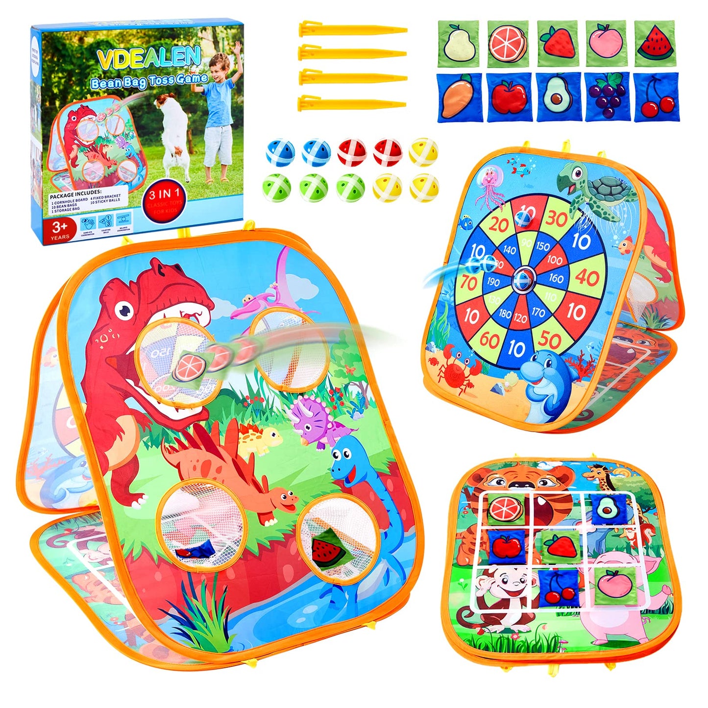 Vdealen Bean Bag Toss Game Toy for Kids 3 4 5 6 7 8 Year Old, Sports & Outdoor Toddler Toy Gift for Boys and Girls, 3 in 1 Cornhole Game for Children Ages 3 4 5 and Up