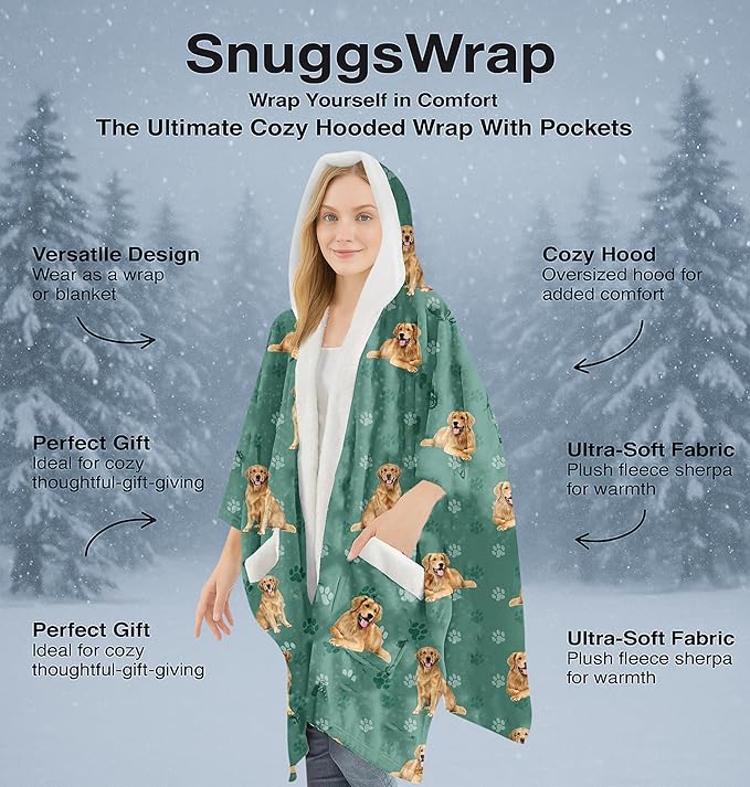 Golden Retriever Lovers Sherpa Wearable Blanket Hoodie for Women – Soft Fleece Snuggs Wrap –  Warm Pet Lover Gifts