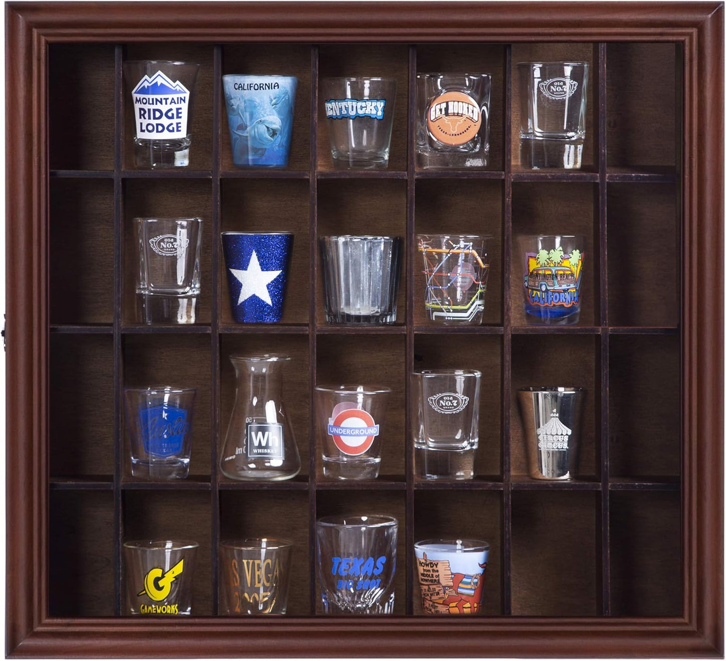 Gallery Solutions - 18x16 Shot Glass Collection - Display Case - Hinged Front - Shot Glass Collection - Cherry Walnut - 28 Shot Glasses - Bar, Home, Office Accessories - Organizer - Glass Rack