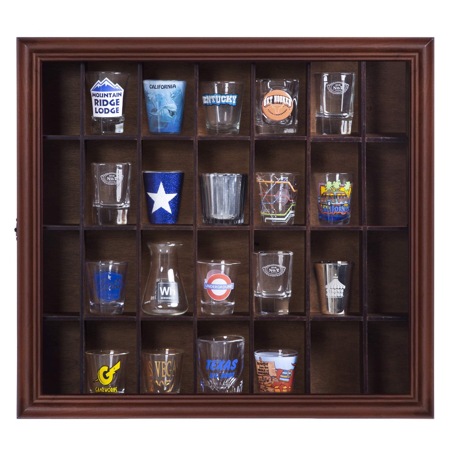Gallery Solutions - 18x16 Shot Glass Collection - Display Case - Hinged Front - Shot Glass Collection - Cherry Walnut - 28 Shot Glasses - Bar, Home, Office Accessories - Organizer - Glass Rack