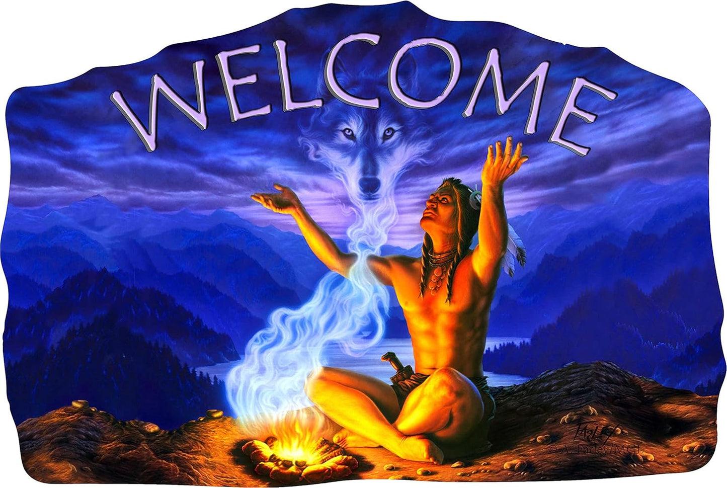 Welcome Wood Indian American Sign–Wood Sign Plaques for: Front Door/Porch/Home Interior/Wall/Room, Size of The Wood Plaque is 11.5" x 7.5",(Man+Fire)-DC12145D