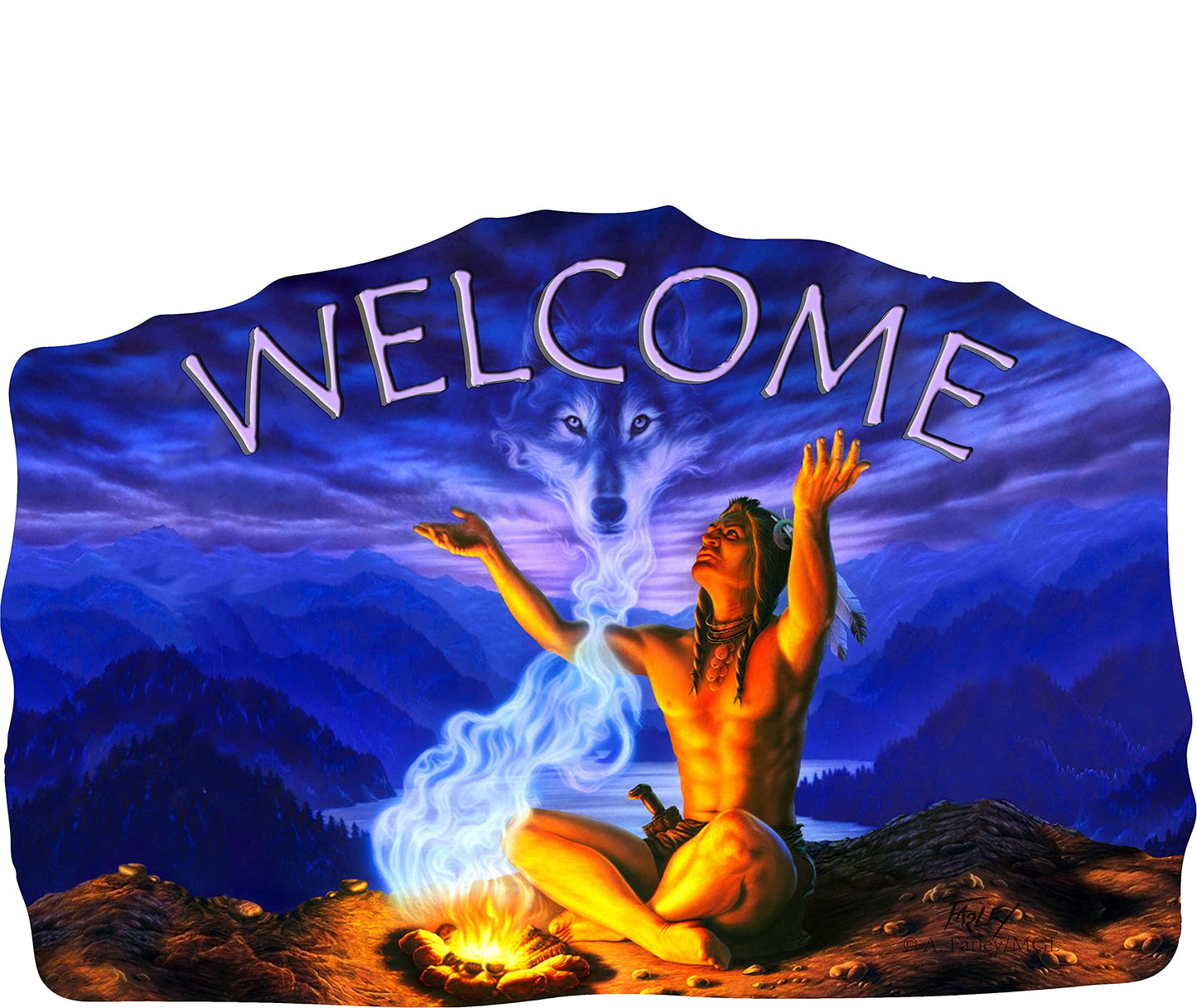 Welcome Wood Indian American Sign–Wood Sign Plaques for: Front Door/Porch/Home Interior/Wall/Room, Size of The Wood Plaque is 11.5" x 7.5",(Man+Fire)-DC12145D