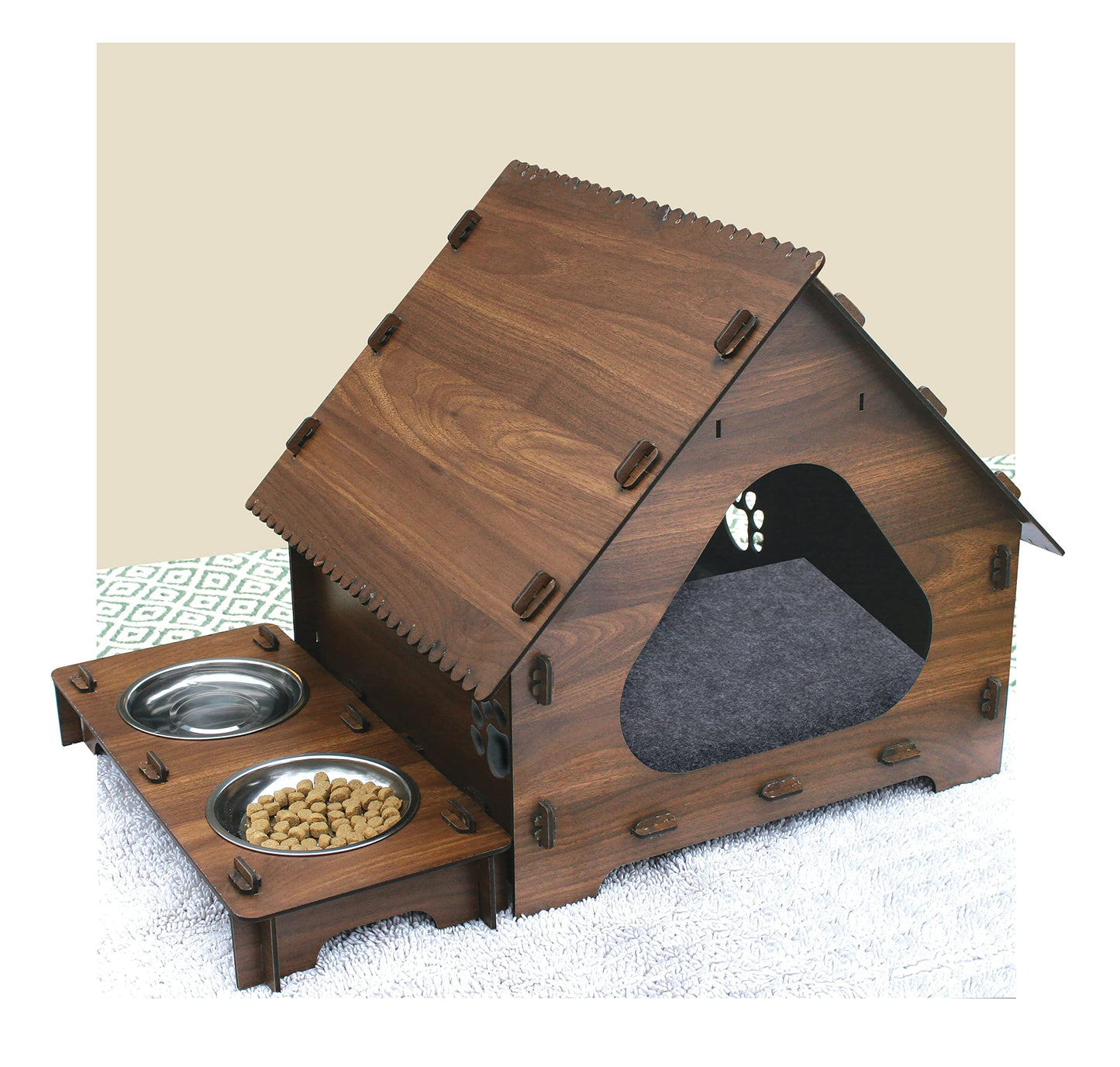 Wood Pet House and Feeder Set,Cozy and modern