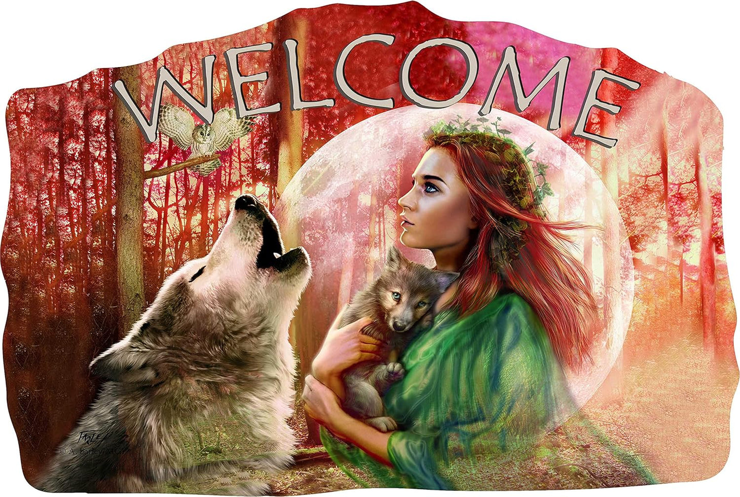 Welcome Wood Indian American Sign–Wood Sign Plaques for: Front Door/Porch/Home Interior/Wall/Room, Size of The Wood Plaque is 11.5" x 7.5",(Girl+Wolves) DC12145E
