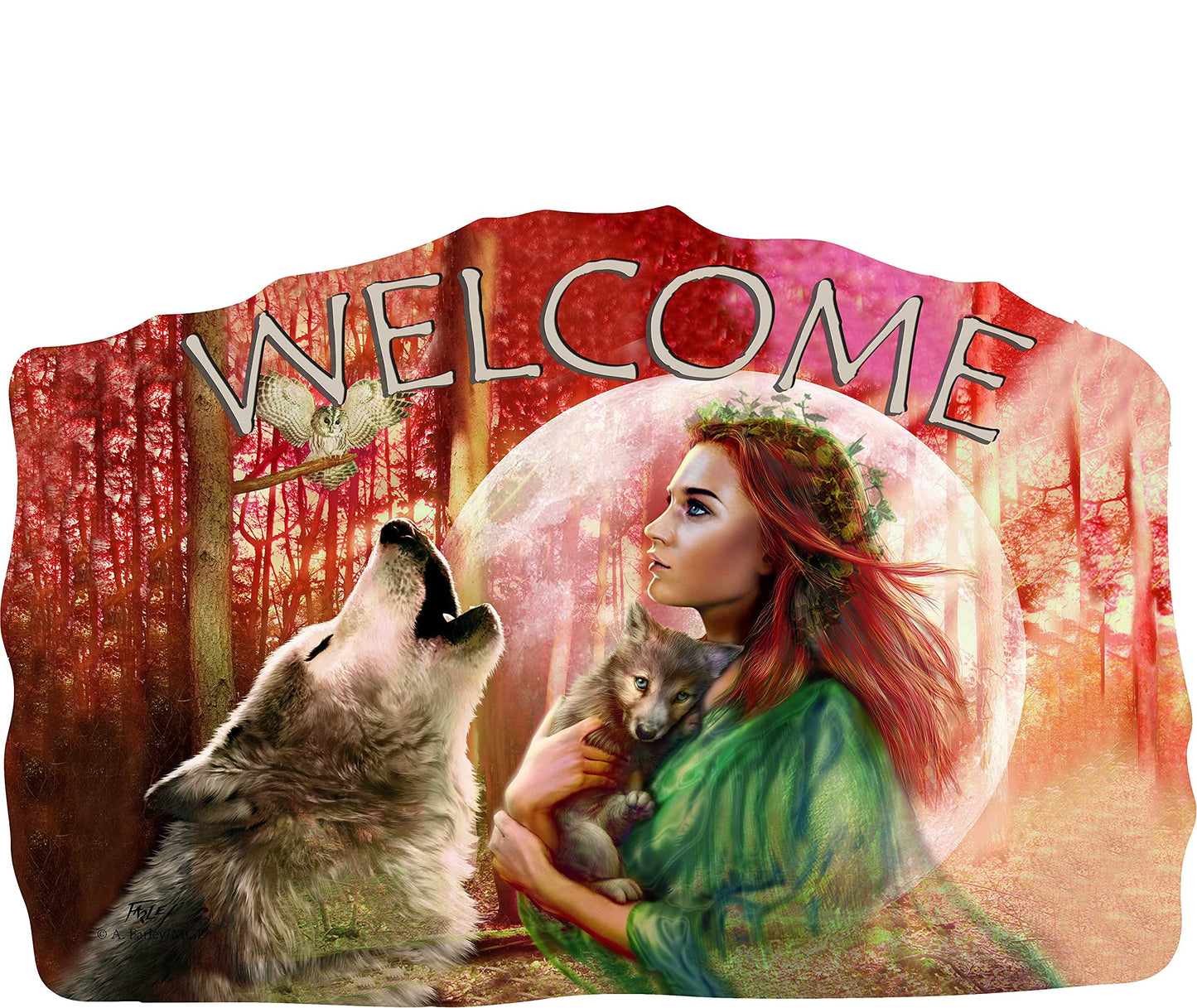 Welcome Wood Indian American Sign–Wood Sign Plaques for: Front Door/Porch/Home Interior/Wall/Room, Size of The Wood Plaque is 11.5" x 7.5",(Girl+Wolves) DC12145E