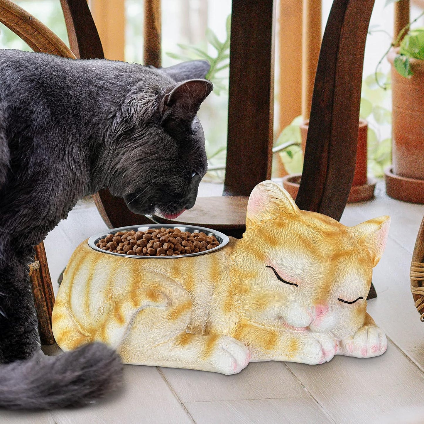 Exhart Cat Food/Water Bowl, Hand Painted, Stainless Steel Bowl, Durable Resin Décor,7.3”x11.7”x 5.8”