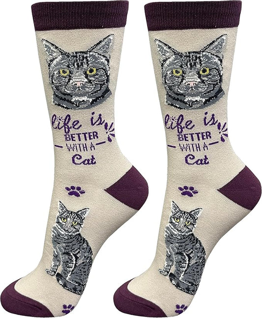 Tabby Silver Cat Pet Lover Socks - Fun - All Season - One Size Fits Most - For Women And Men – Cat And Dog Gifts