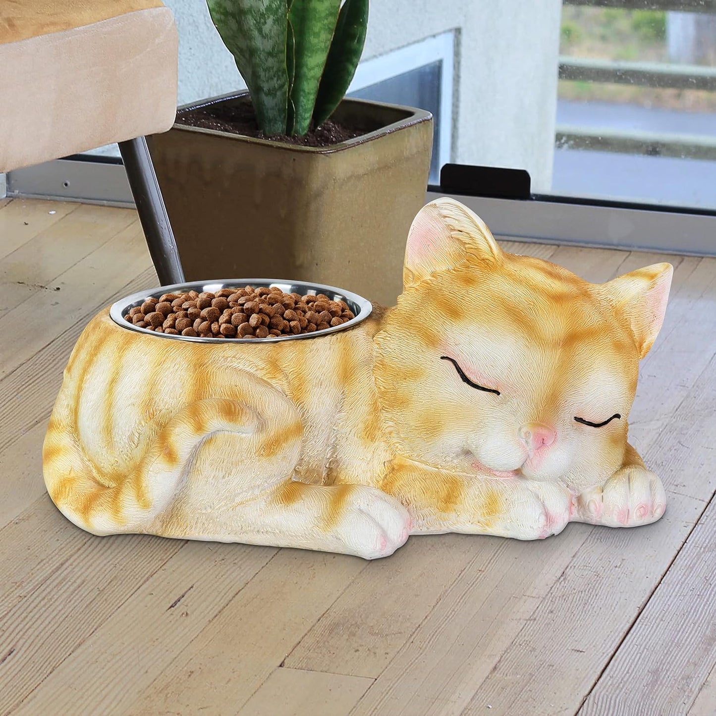 Exhart Cat Food/Water Bowl, Hand Painted, Stainless Steel Bowl, Durable Resin Décor,7.3”x11.7”x 5.8”
