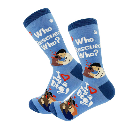 Pet Lover Socks - Fun - All Season - One Size Fits Most - For Women And Men – Cat And Dog Gifts (Who Rescued Who)