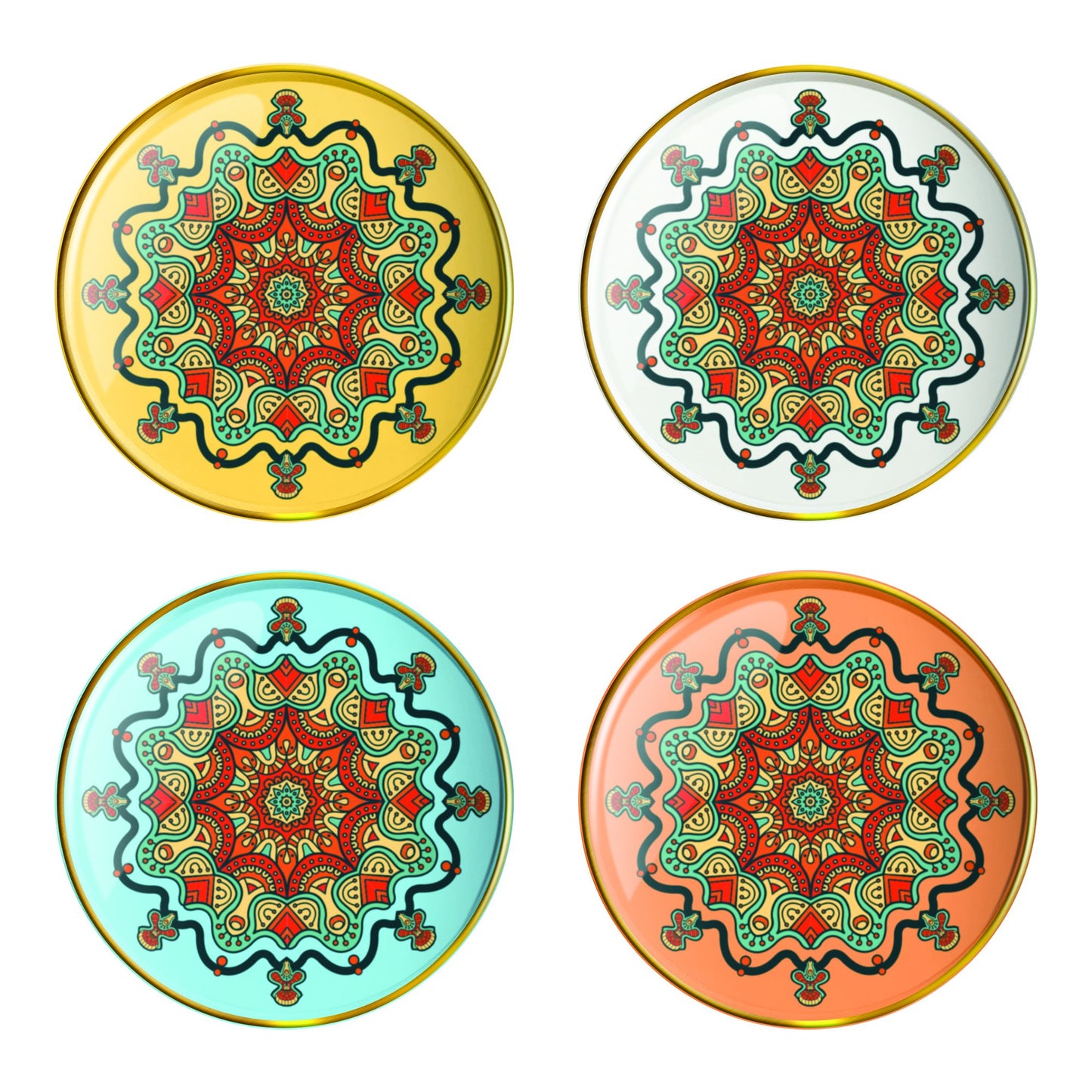 Vandor Mandala Tapestry Round Organizational Trinket Trays, 4 Inch, 4 Piece Set
