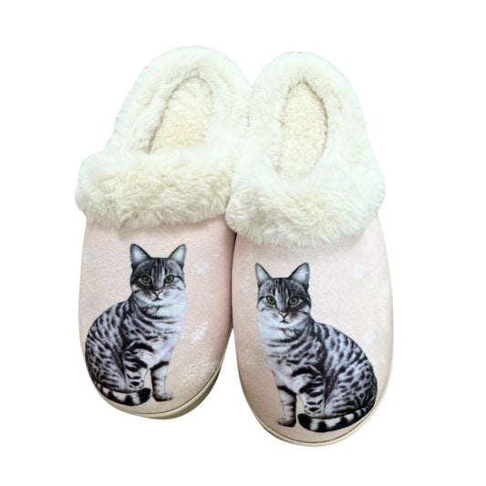 Silver Tabby Cat Snugg Slippers for Pet Lovers - Fuzzy Memory Foam House Slippers - Plush Faux Fur Lining - Non-Slip Sole